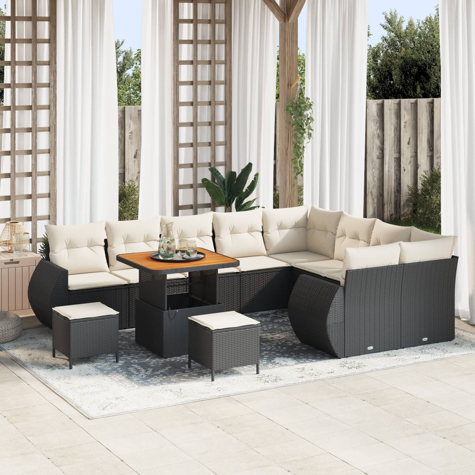 vidaXL 12-tlg. Garten-Sofagarnitur mit Kissen Schwarz Poly Rattan