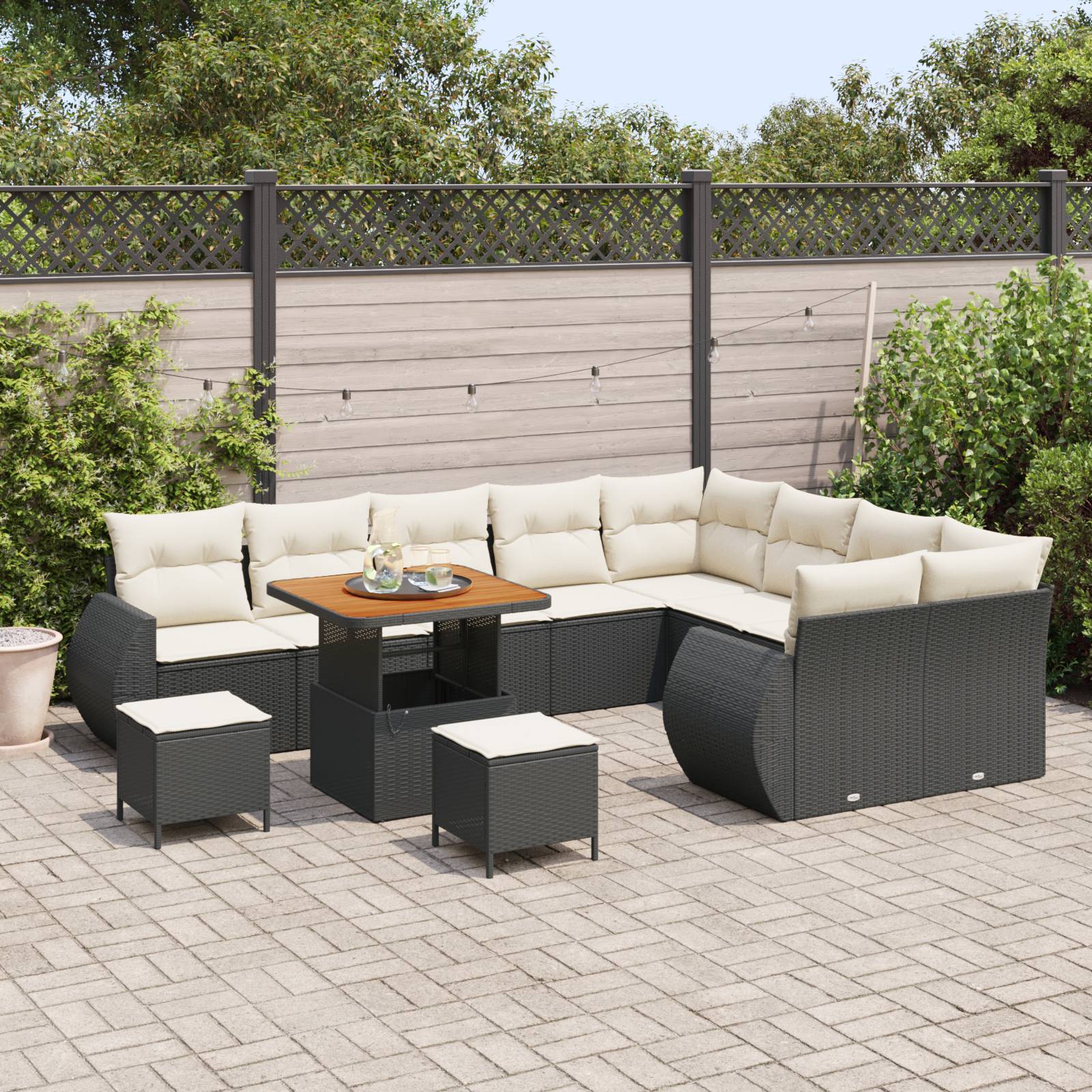 vidaXL 12-tlg. Garten-Sofagarnitur mit Kissen Schwarz Poly Rattan