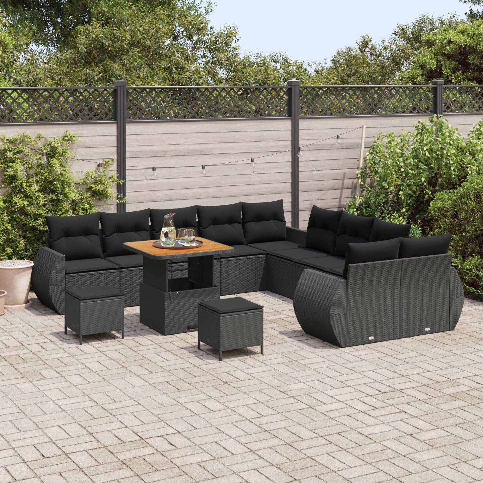 vidaXL 13-teiliges Garten-Sofa-Set mit Kissen Schwarz Poly Rattan Akazie