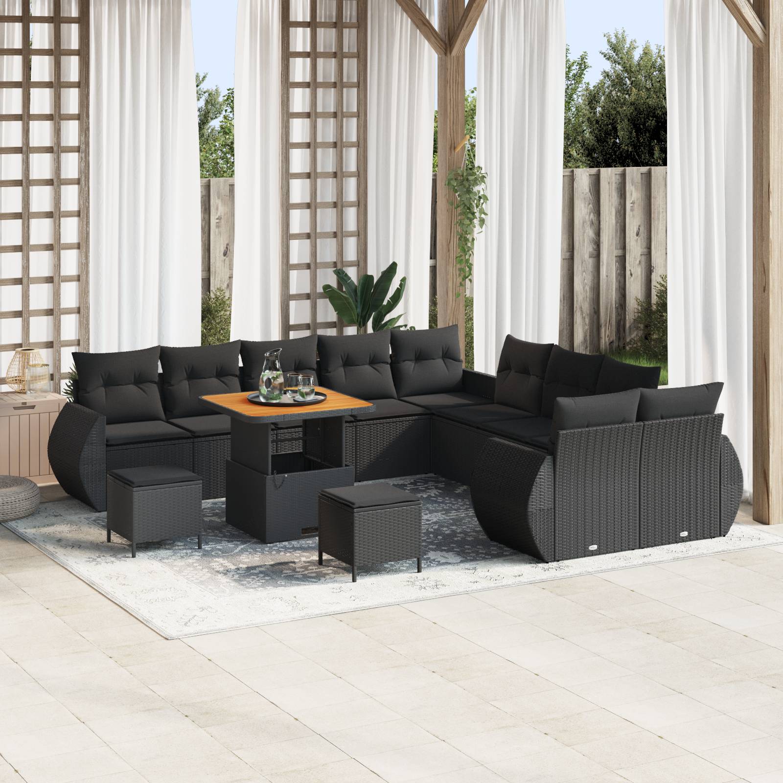vidaXL 13-teiliges Garten-Sofa-Set mit Kissen Schwarz Poly Rattan Akazie