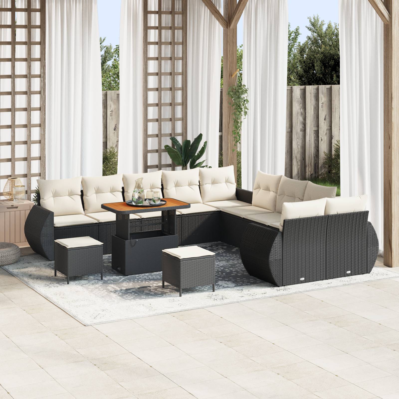 vidaXL 13-teiliges Garten-Sofa-Set mit Kissen aus schwarzem Poly-Rattan und Akazie