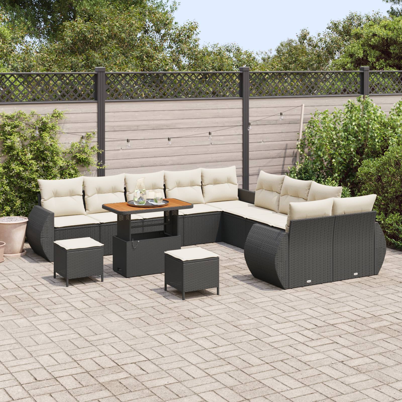 vidaXL 13-teiliges Garten-Sofa-Set mit Kissen aus schwarzem Poly-Rattan und Akazie