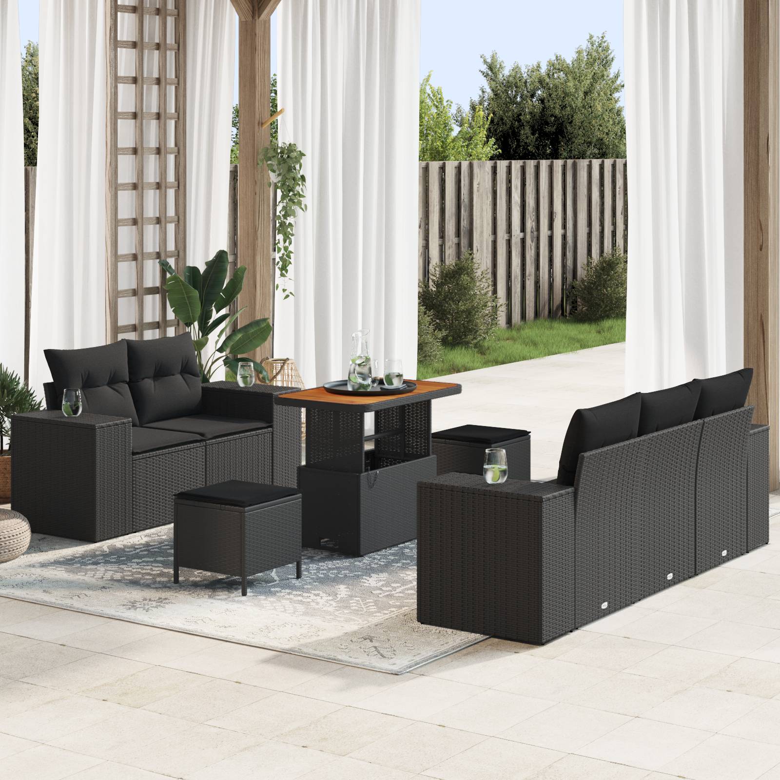 vidaXL 8-teiliges Garten Sofa Set mit Kissen Schwarz Poly Rattan Akazie