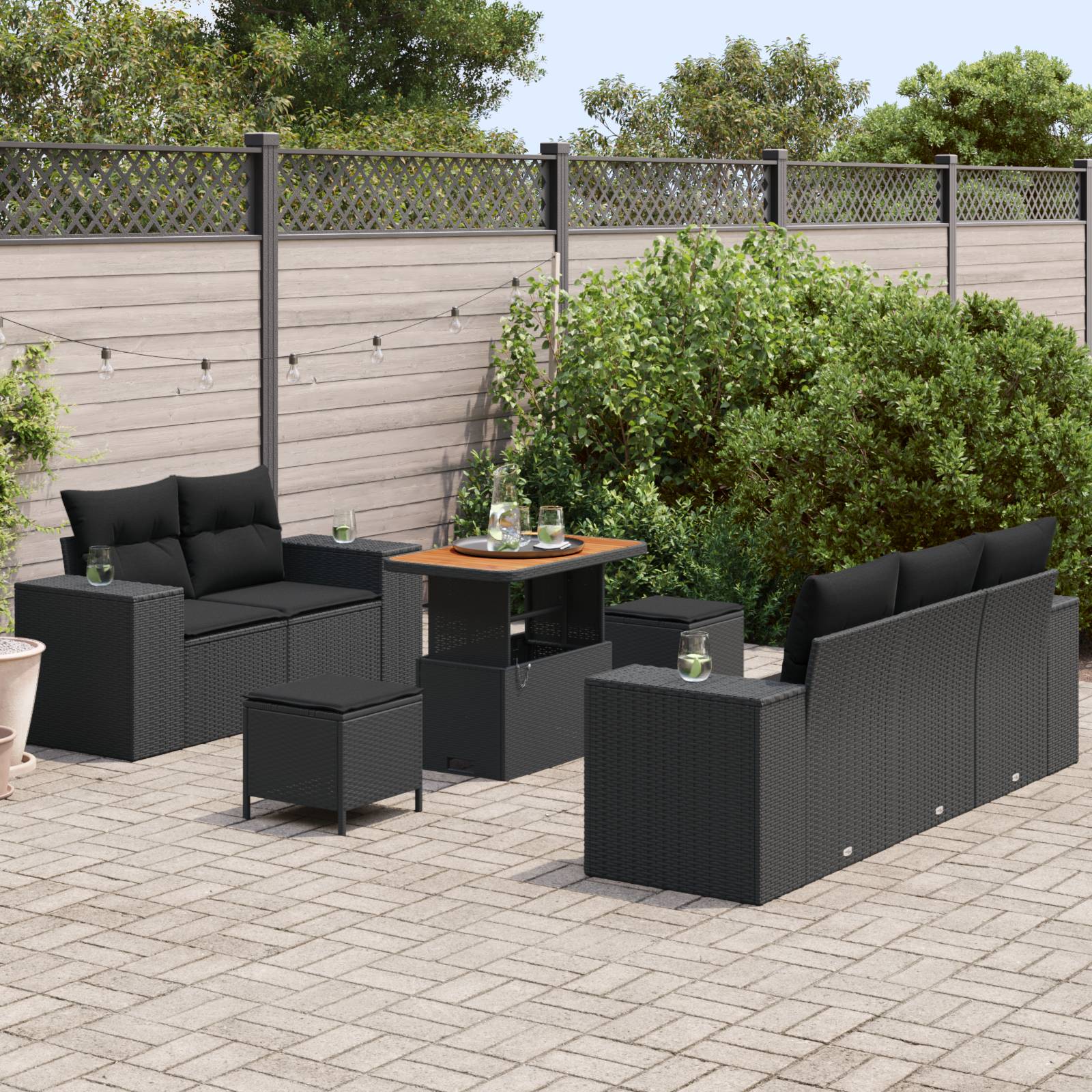 vidaXL 8-teiliges Garten Sofa Set mit Kissen Schwarz Poly Rattan Akazie