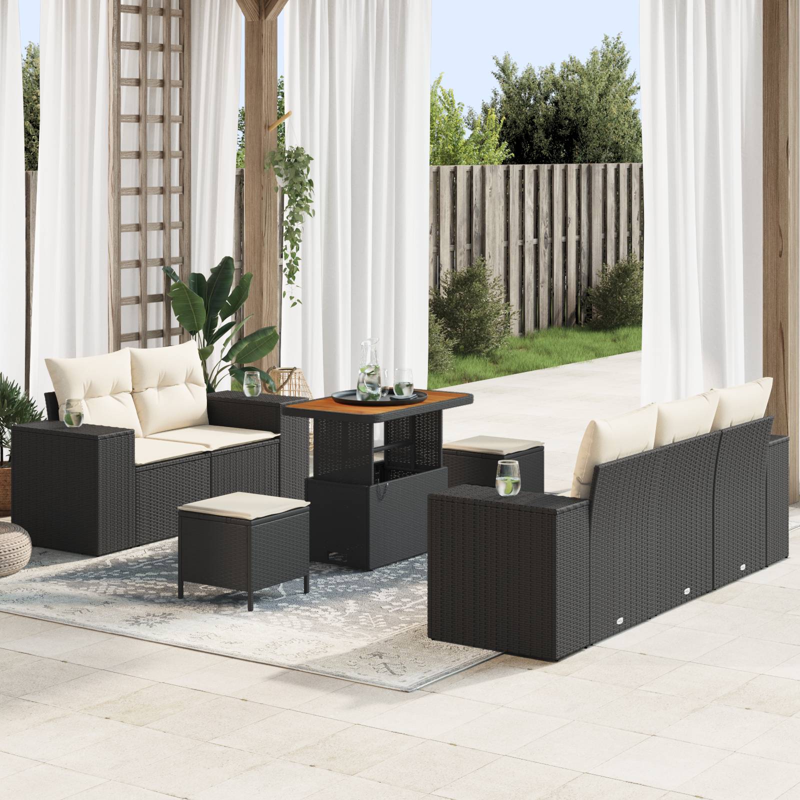 vidaXL 8-teiliges Garten Sofa Set mit Kissen Schwarz Poly Rattan Akazie