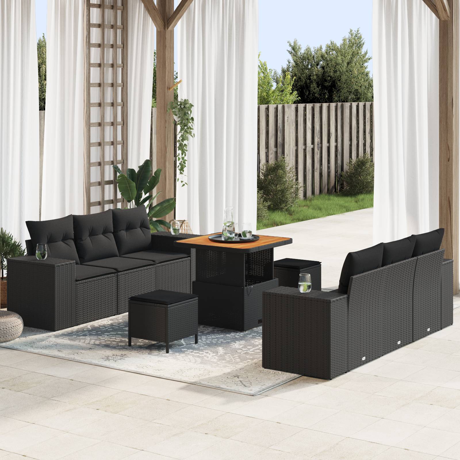 vidaXL 9-tlg. Garten-Sofagarnitur mit Kissen Schwarz Poly Rattan