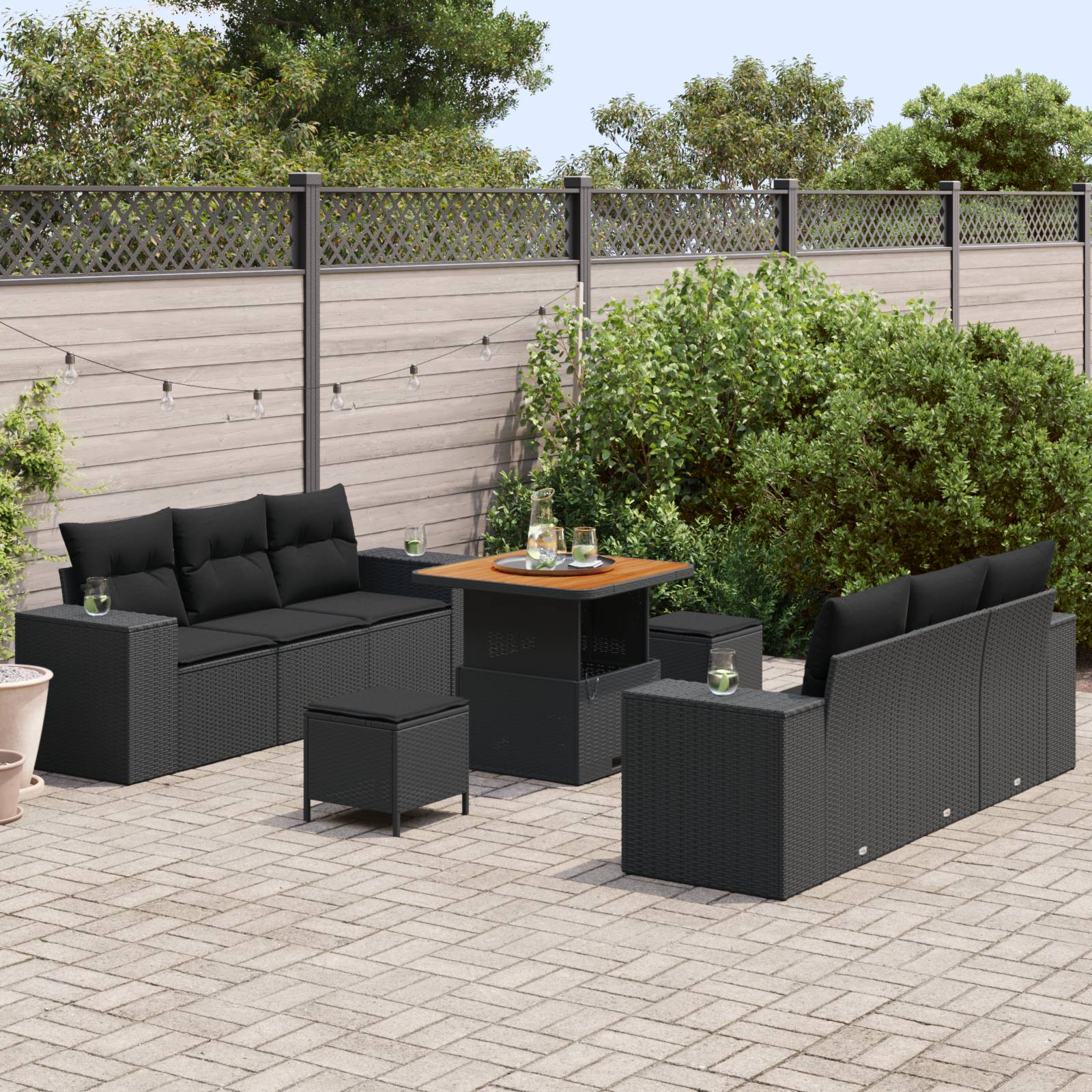 vidaXL 9-tlg. Garten-Sofagarnitur mit Kissen Schwarz Poly Rattan