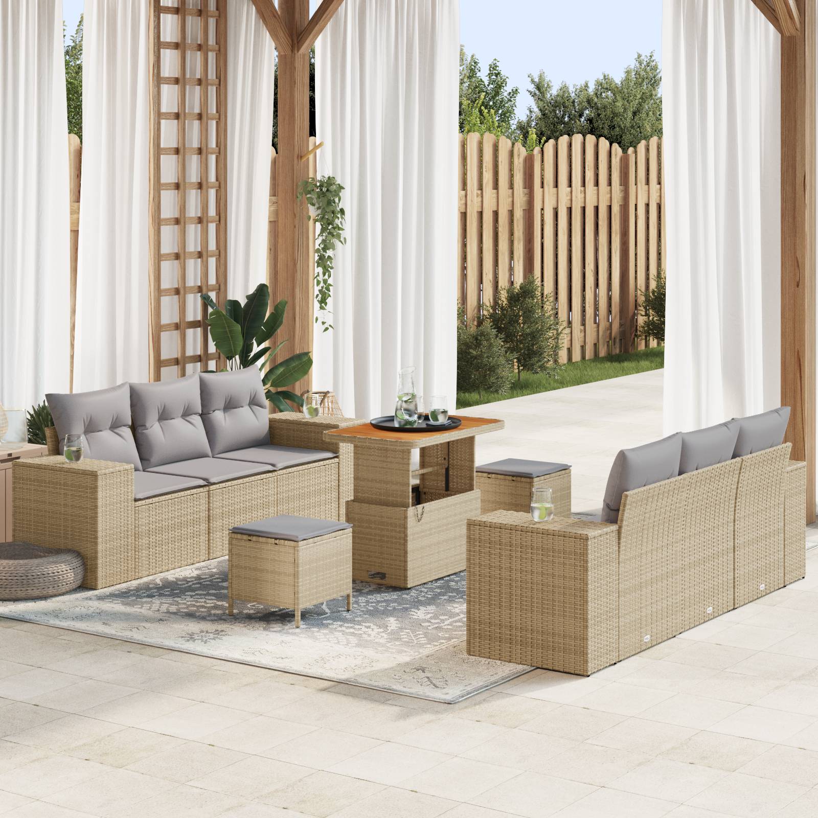 vidaXL 9-tlg. Garten-Sofagarnitur mit Kissen Beige Poly Rattan Akazie