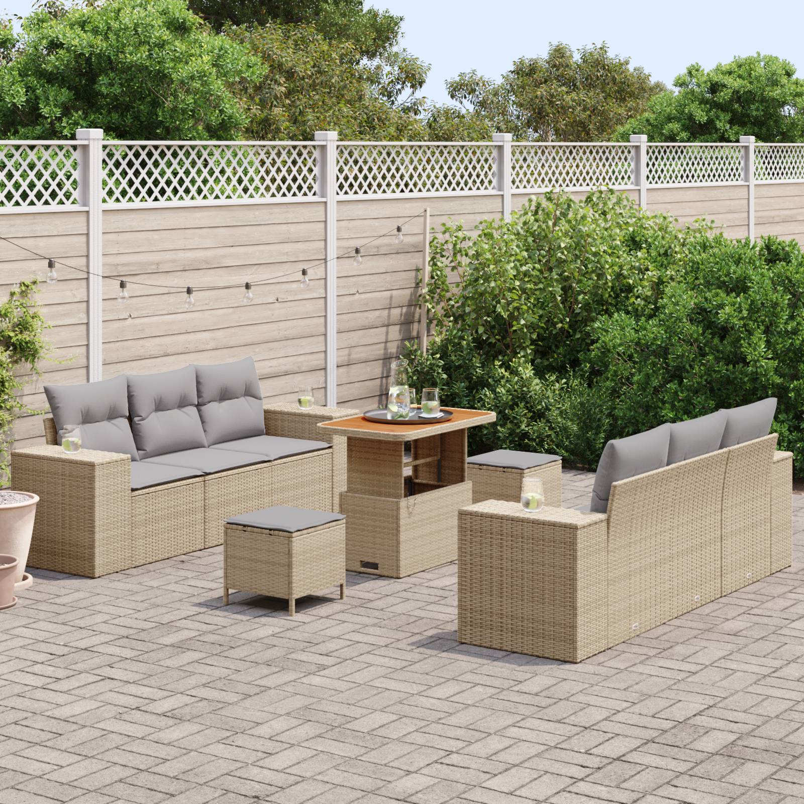 vidaXL 9-tlg. Garten-Sofagarnitur mit Kissen Beige Poly Rattan Akazie