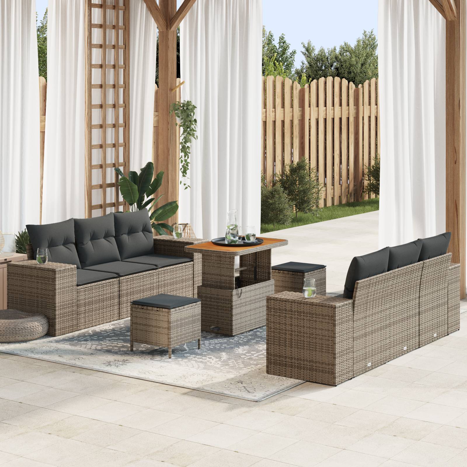 vidaXL 9-teiliges Garten Sofa Set mit Kissen Grau Poly Rattan Akazie