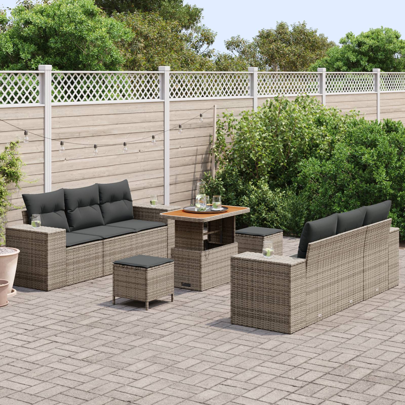 vidaXL 9-teiliges Garten Sofa Set mit Kissen Grau Poly Rattan Akazie