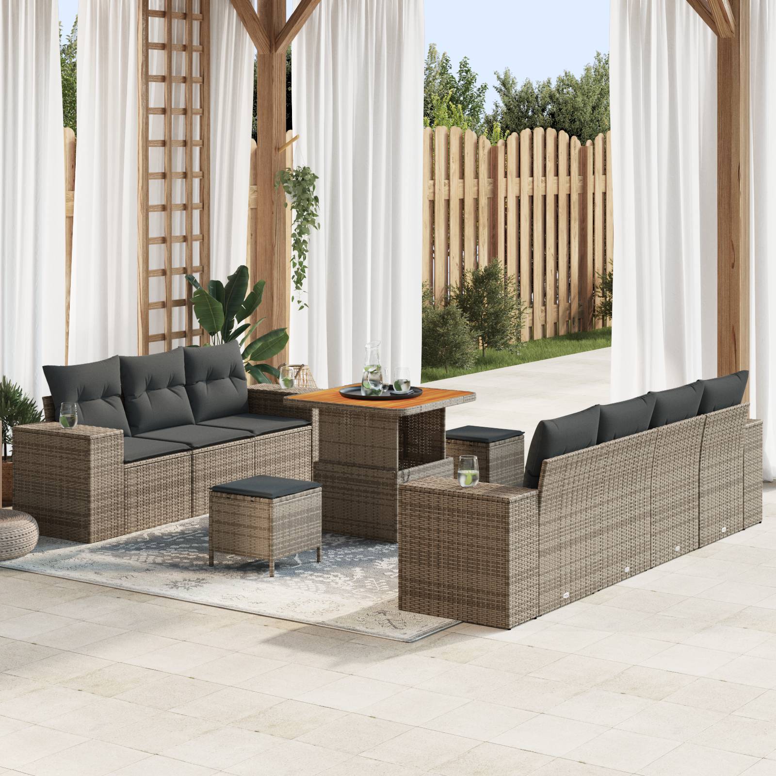 vidaXL 10-teiliges Garten Sofaset mit Kissen Grau Poly-Rattan Akazie