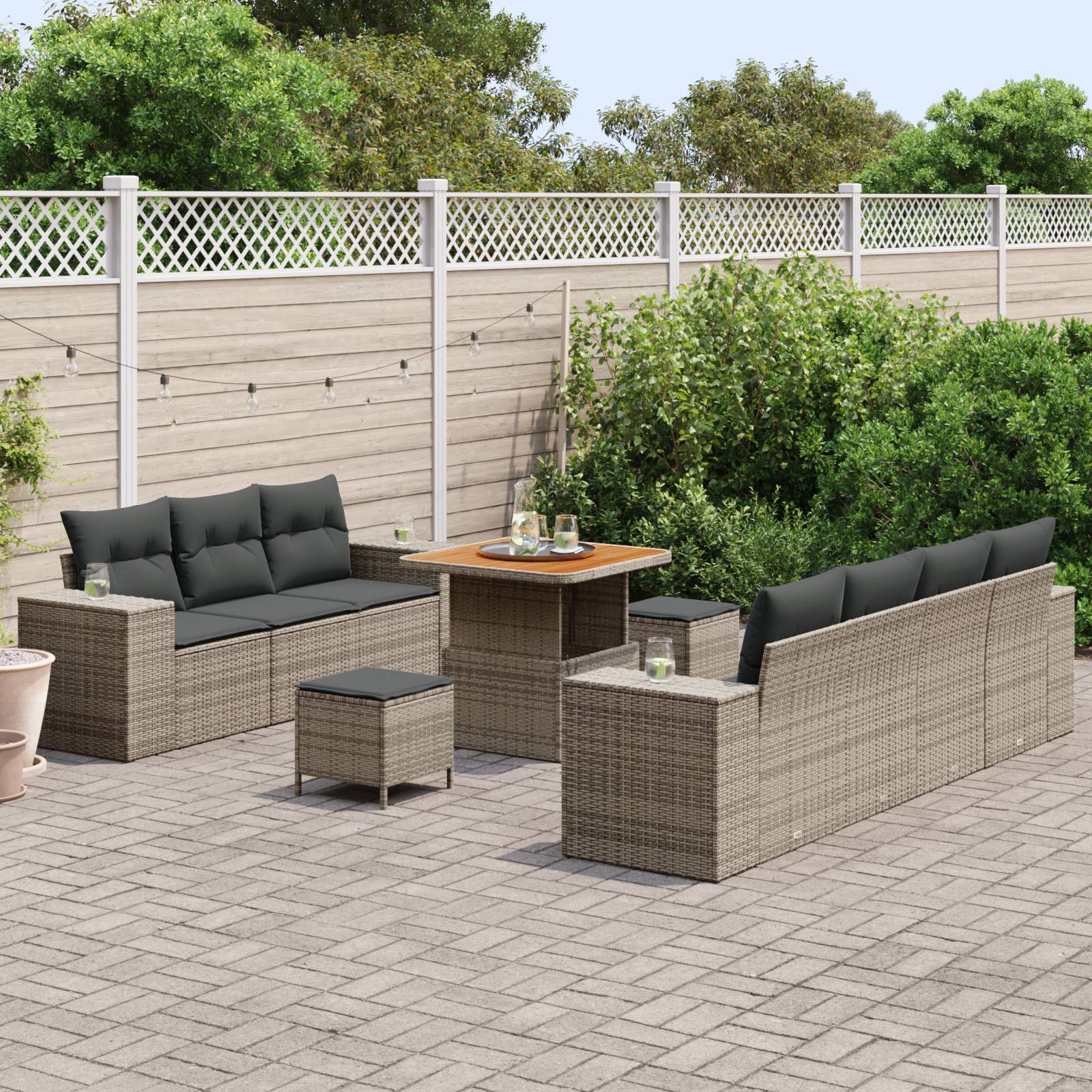vidaXL 10-teiliges Garten Sofaset mit Kissen Grau Poly-Rattan Akazie