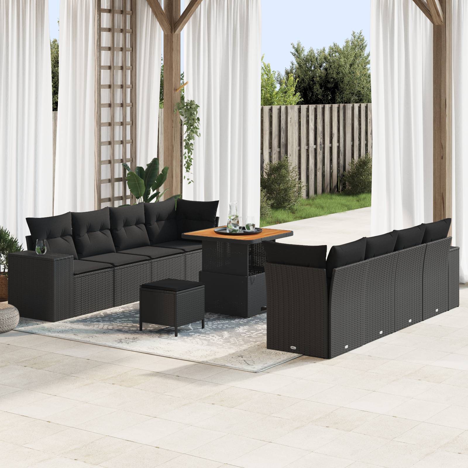 vidaXL 11-teiliges Garten Sofa Set mit Kissen Schwarz Poly Rattan Akazie