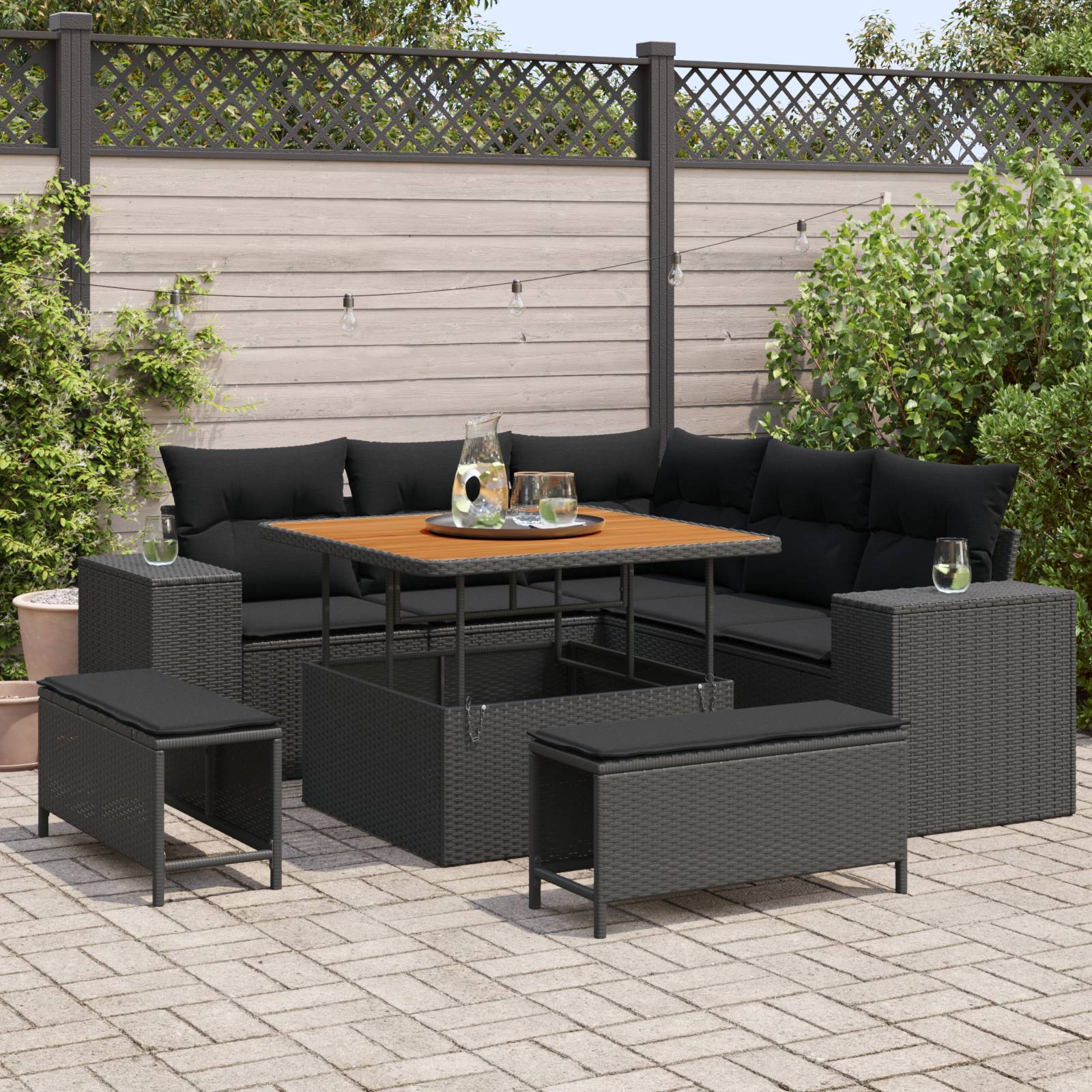 vidaXL 8-teilige Garten-Sofaset mit Kissen Schwarz Poly-Rattan Akazie