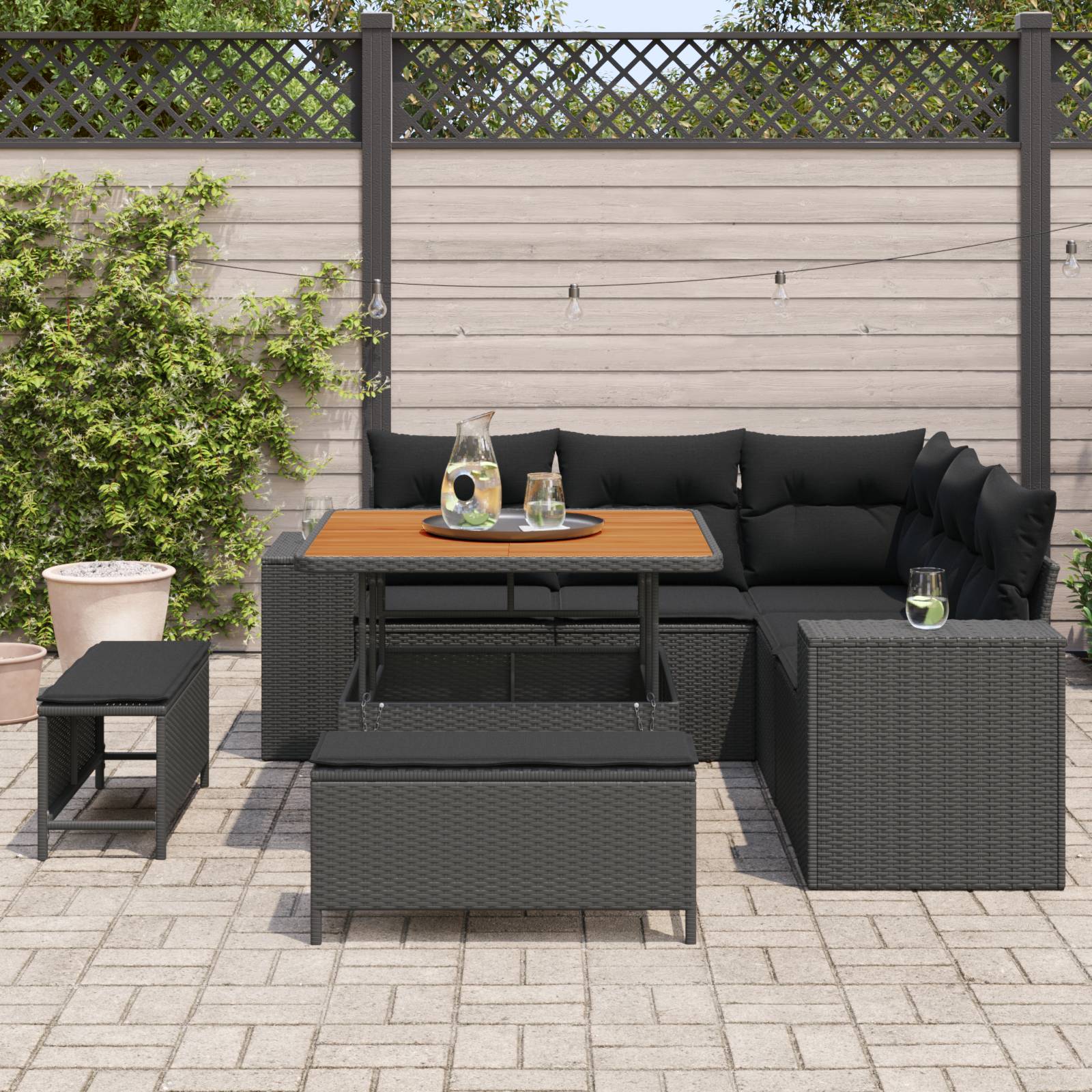 vidaXL 8-teilige Garten-Sofaset mit Kissen Schwarz Poly-Rattan Akazie