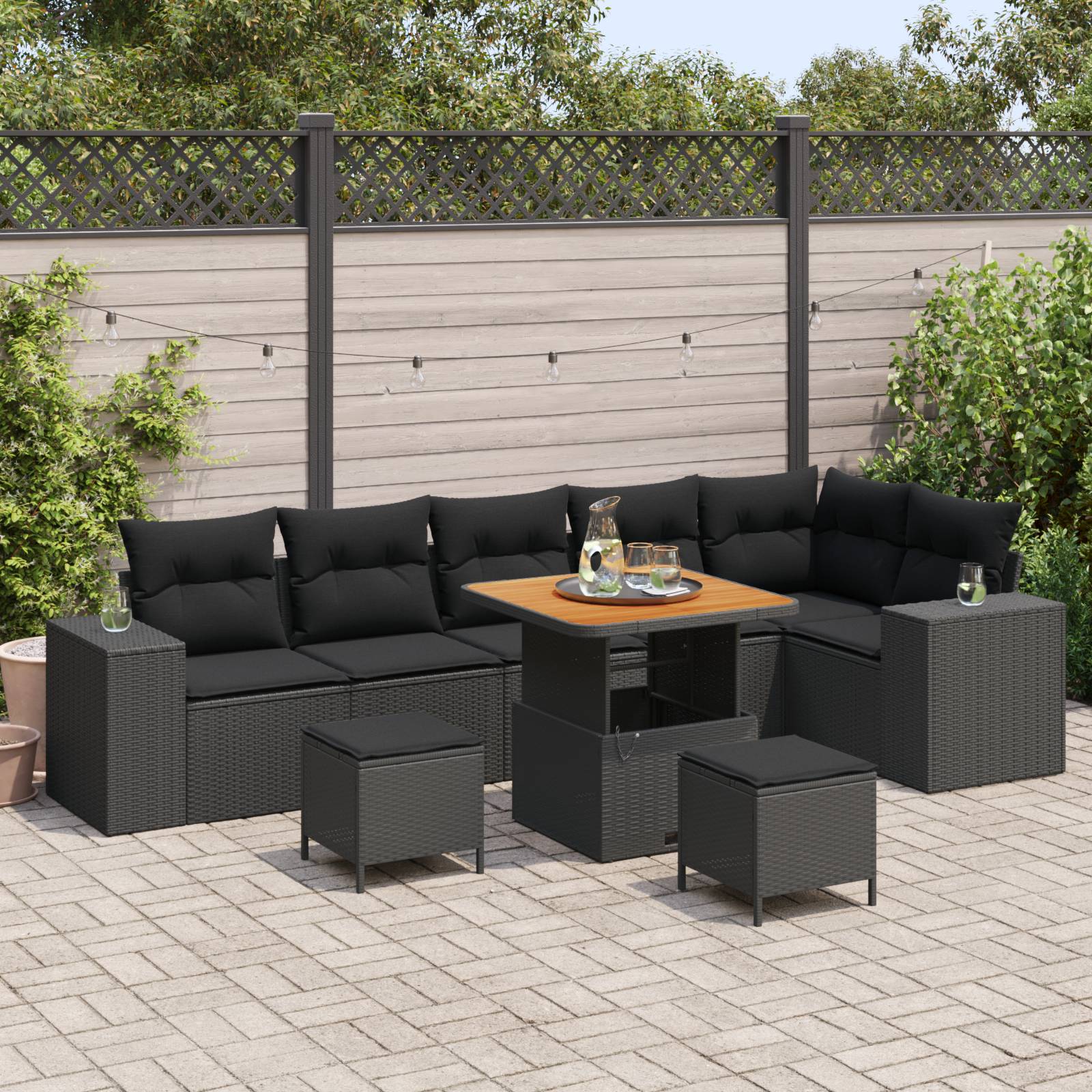 vidaXL 9-teiliges Garten Sofa Set mit Kissen aus schwarzem Poly Rattan