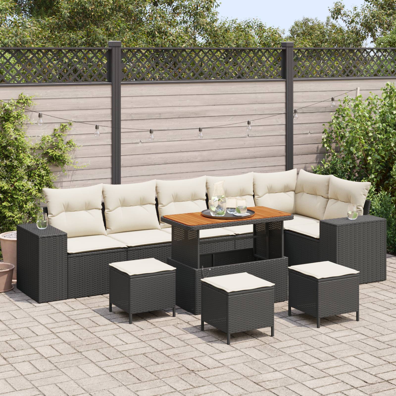 vidaXL 10-tlg. Garten-Sofagarnitur mit Kissen Schwarz Poly Rattan