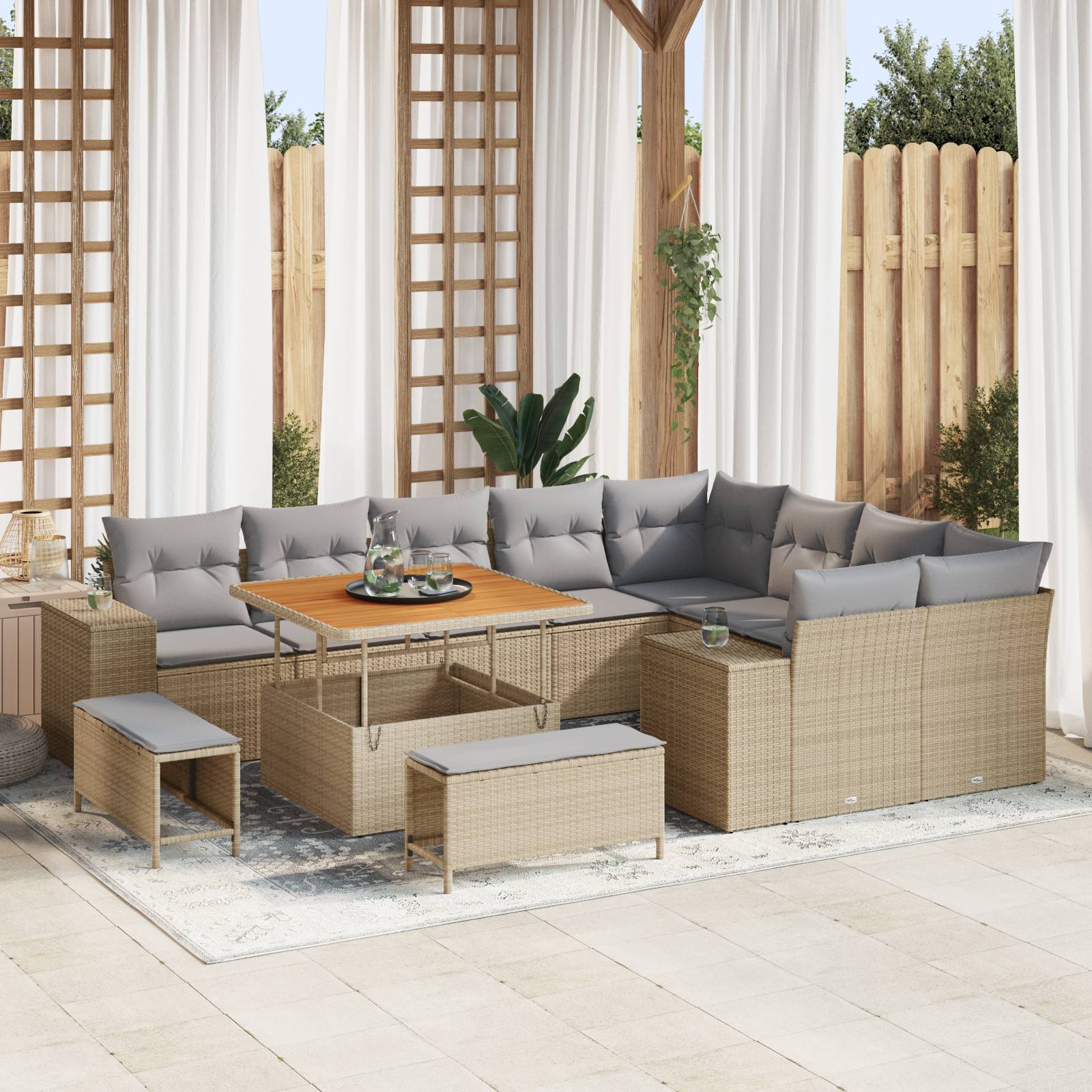 vidaXL 12-teiliges Garten Sofa Set mit Kissen Beige Poly Rattan Akazie