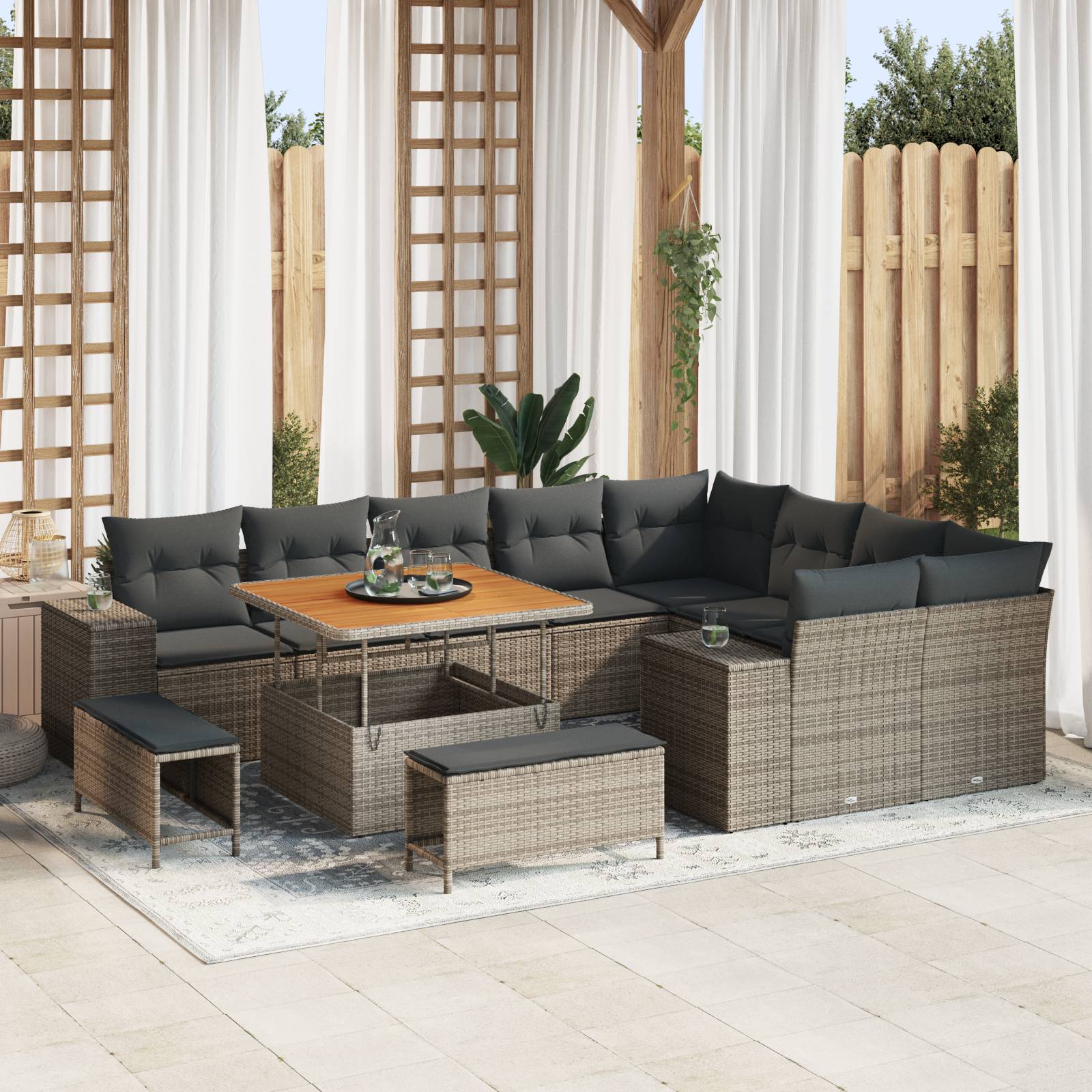 vidaXL 12-teiliges Garten Sofa Set mit Kissen Grau Poly Rattan Akazie