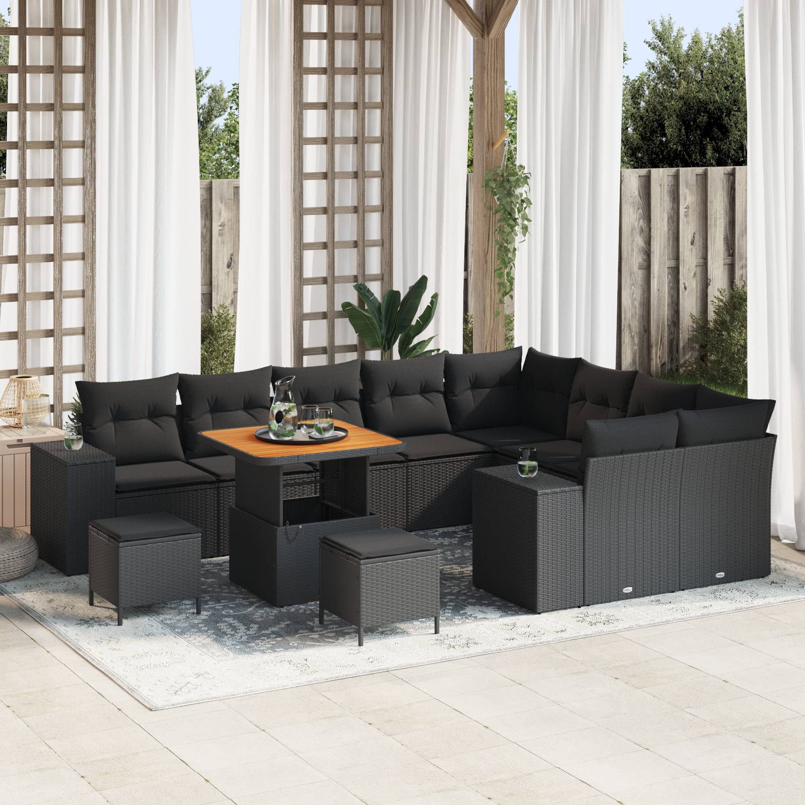 vidaXL 12-teiliges Garten Sofa Set mit Kissen, schwarzes Poly-Rattan Akazie