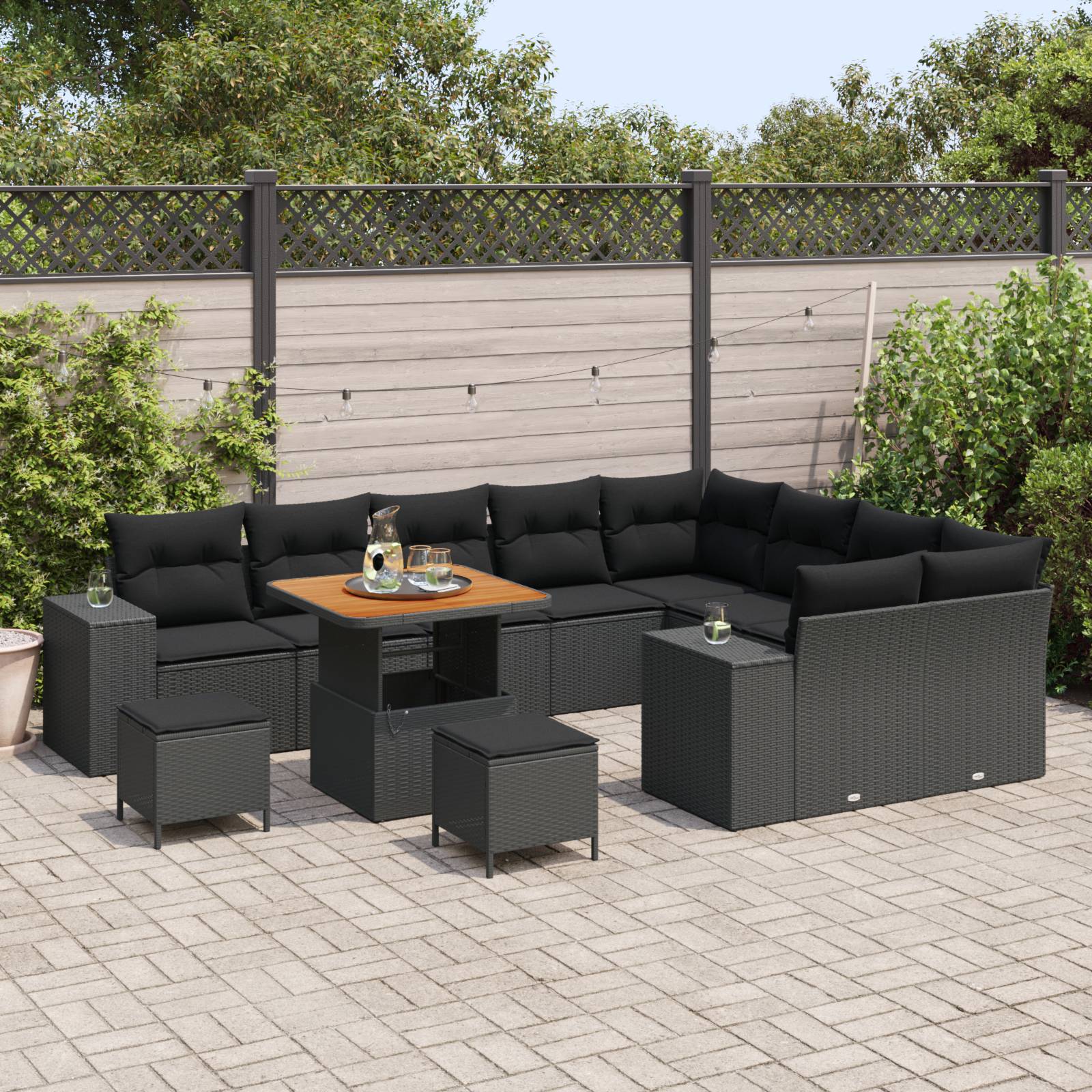 vidaXL 12-teiliges Garten Sofa Set mit Kissen, schwarzes Poly-Rattan Akazie