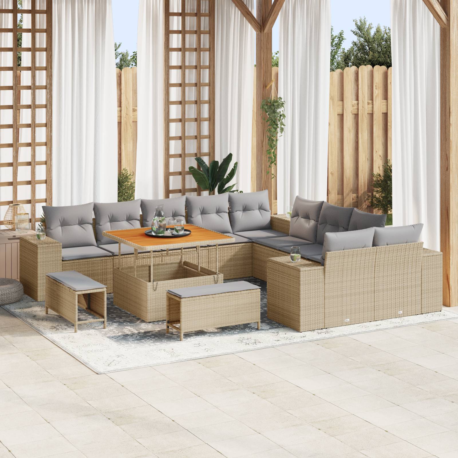 vidaXL 13-teiliges Garten-Sofa-Set mit Kissen Beige Poly Rattan Akazie