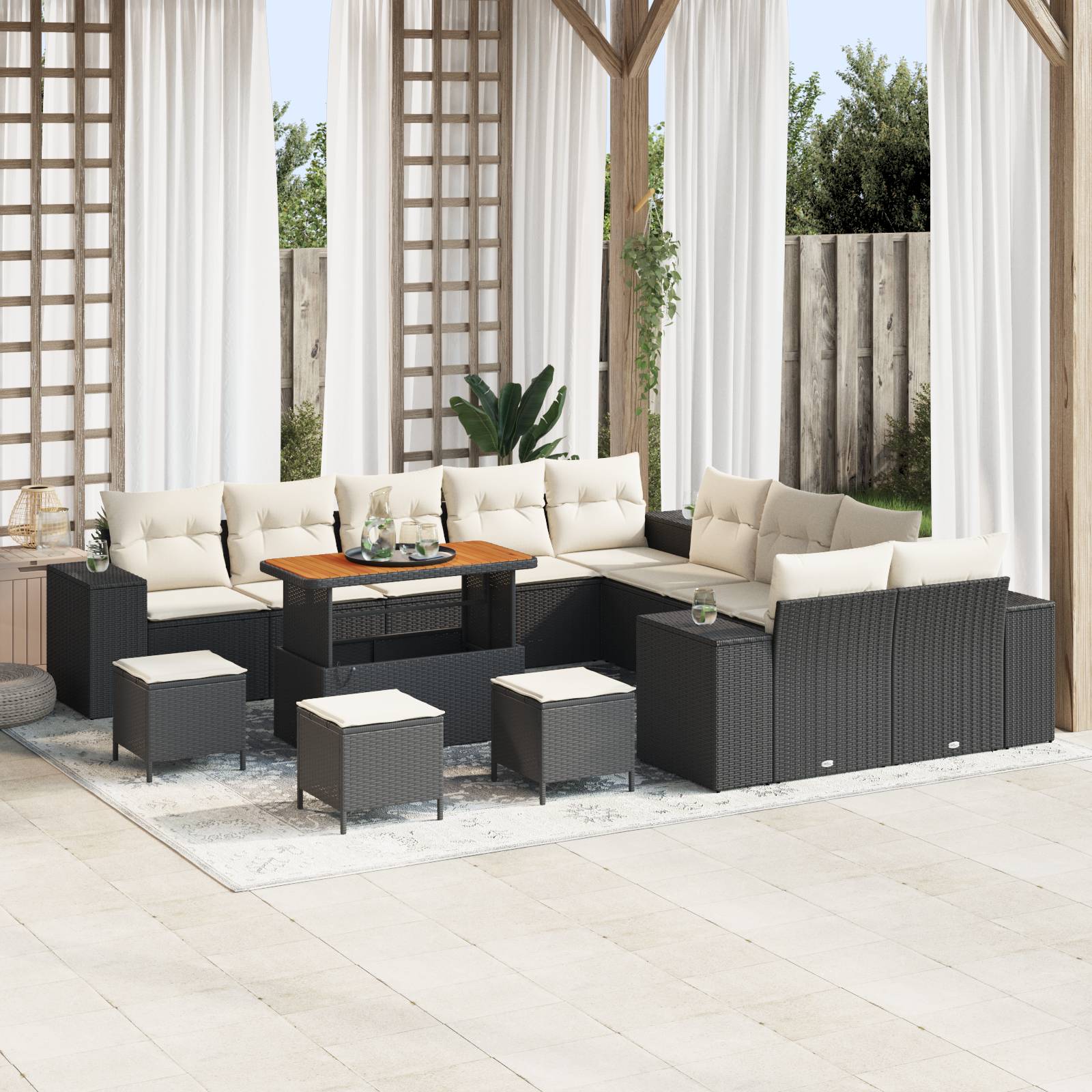 vidaXL 14-teiliges Garten Sofa Set mit Kissen Schwarz Poly Rattan Akazie