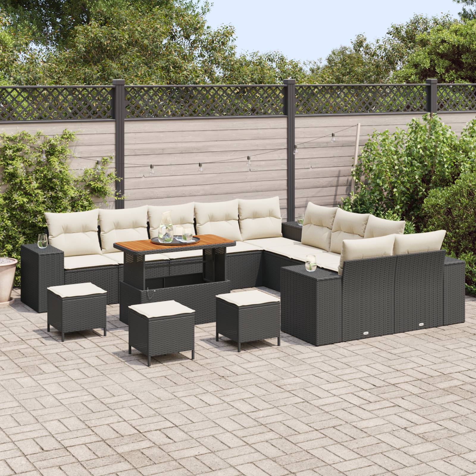 vidaXL 14-teiliges Garten Sofa Set mit Kissen Schwarz Poly Rattan Akazie