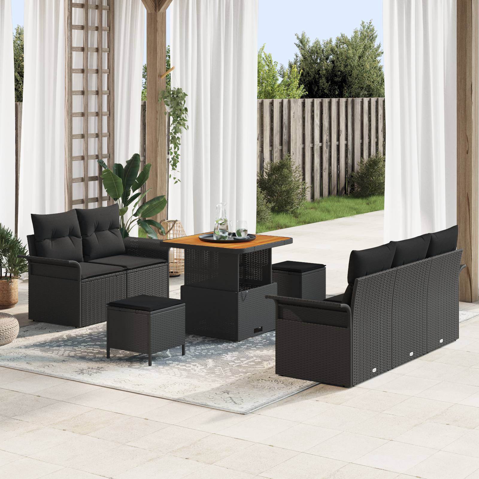 vidaXL 8-teiliges Garten-Sofa-Set mit Kissen Schwarz Poly Rattan Akazie
