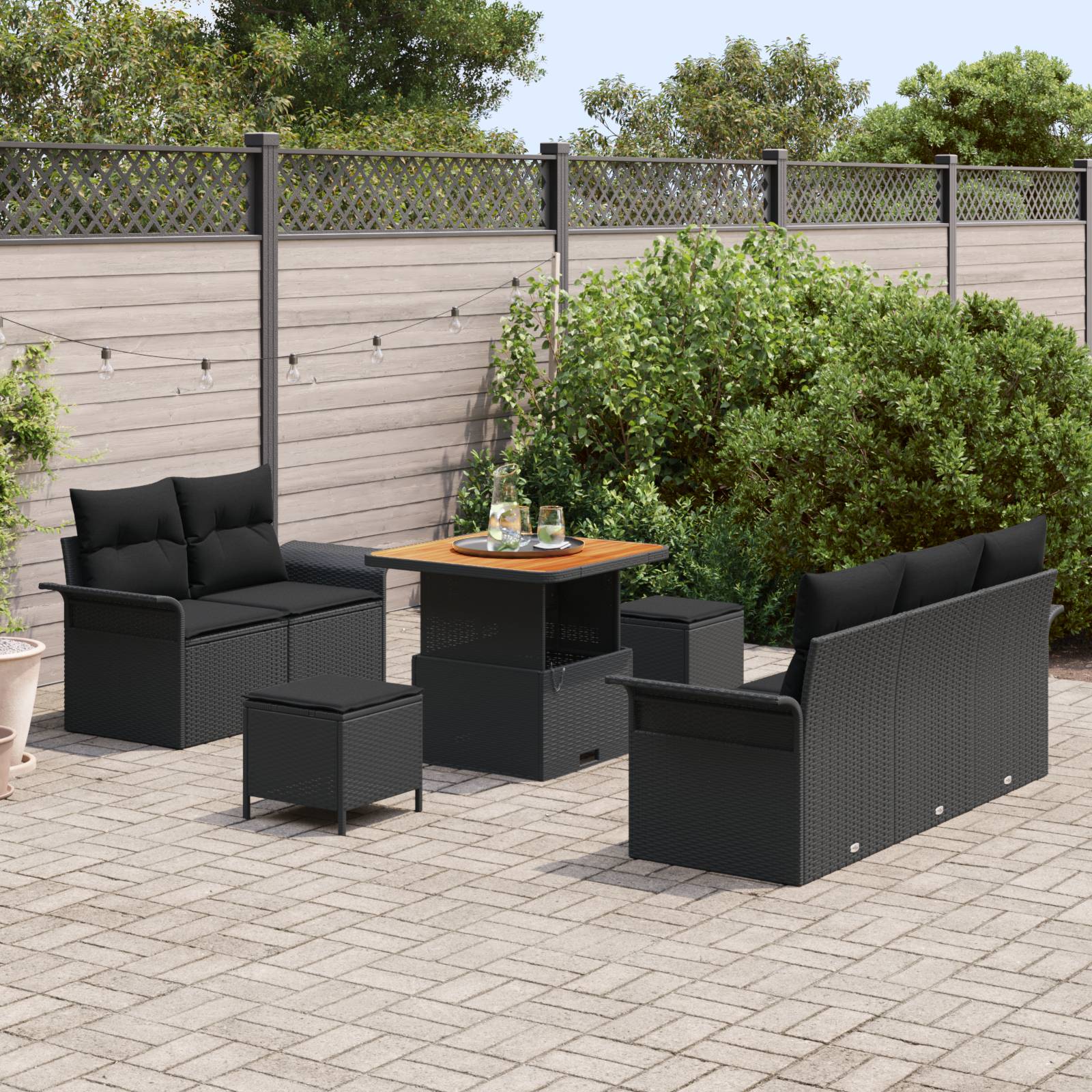 vidaXL 8-teiliges Garten-Sofa-Set mit Kissen Schwarz Poly Rattan Akazie