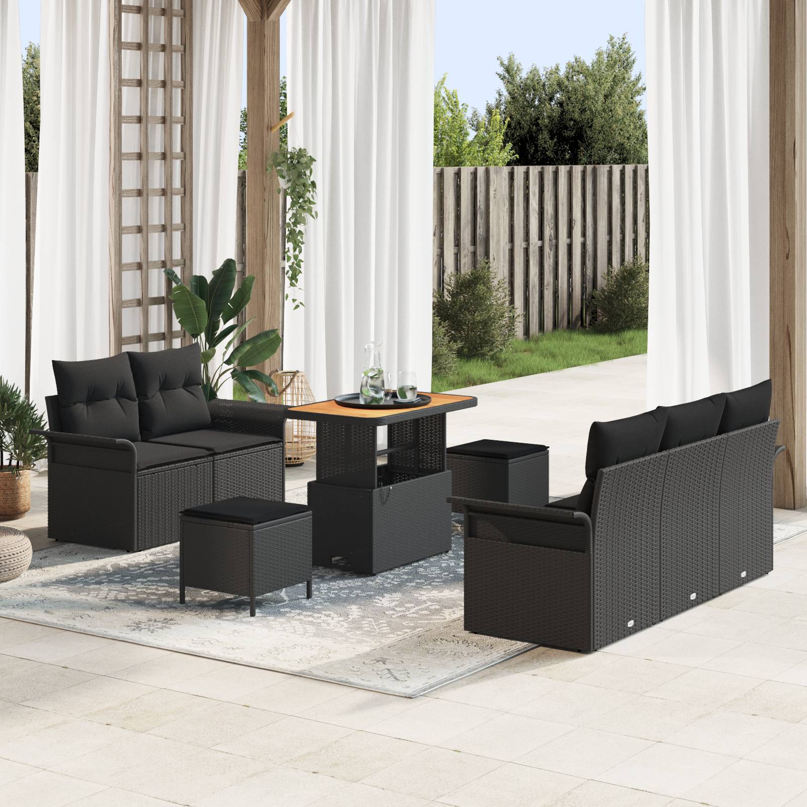 vidaXL 8-teiliges Garten Sofa Set mit Kissen Schwarz Poly Rattan Akazie