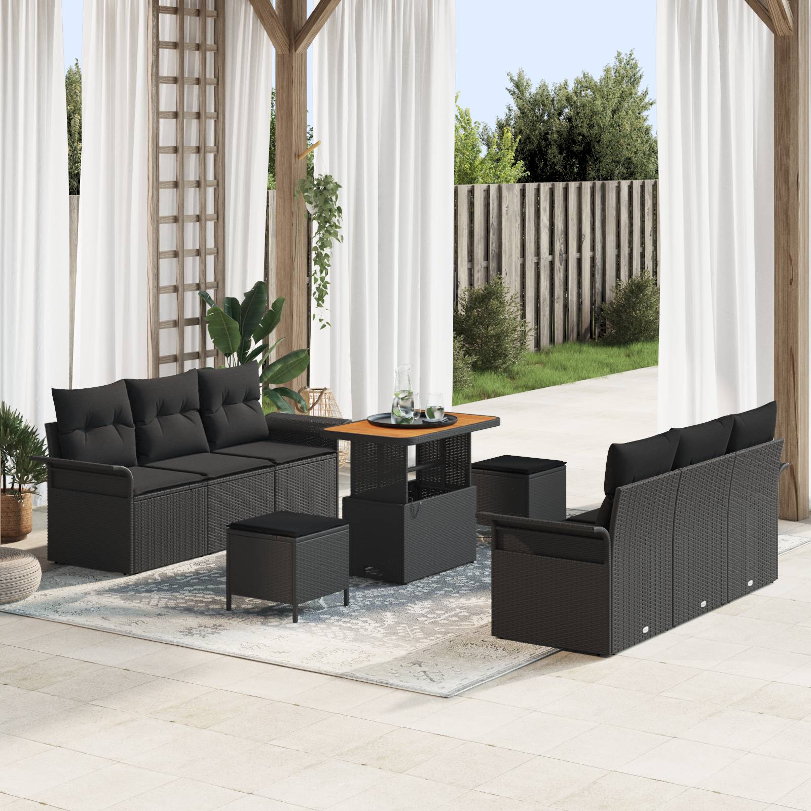 vidaXL 9-teiliges Garten Sofa Set mit Kissen Schwarz Poly Rattan Akazie