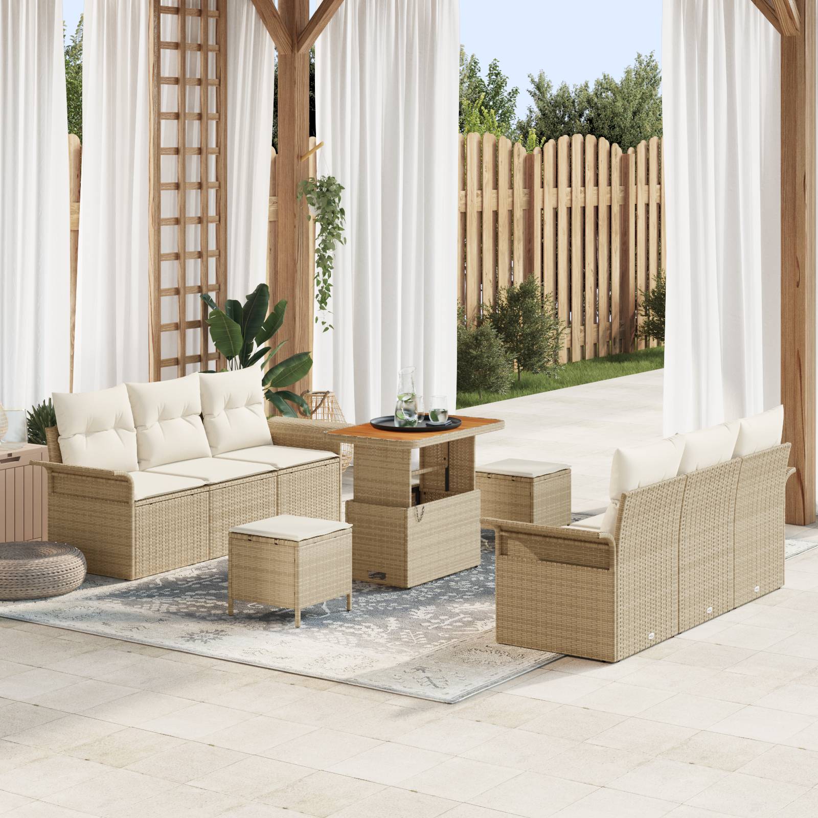 vidaXL 9-tlg. Garten-Sofagarnitur mit Kissen Beige Poly Rattan Akazie