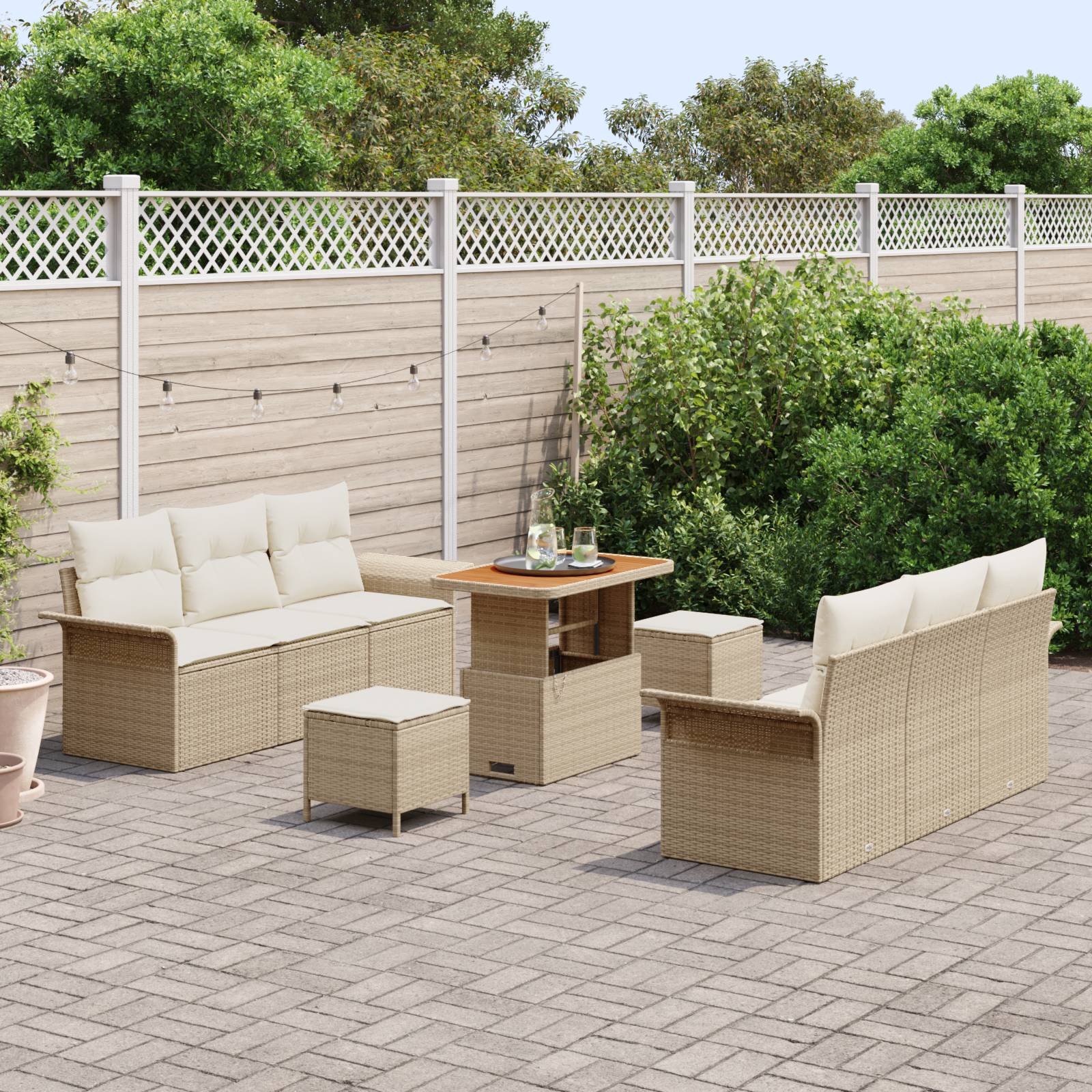 vidaXL 9-tlg. Garten-Sofagarnitur mit Kissen Beige Poly Rattan Akazie
