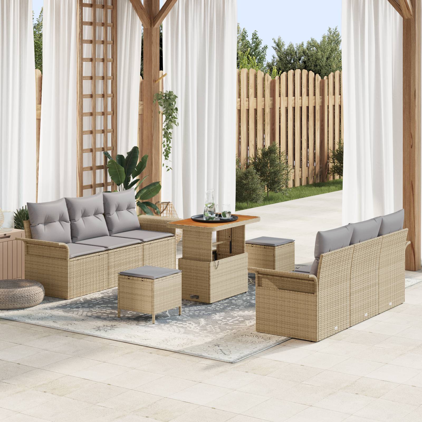 vidaXL 9-teiliges Garten Sofa Set mit Kissen Beige Poly Rattan Akazie