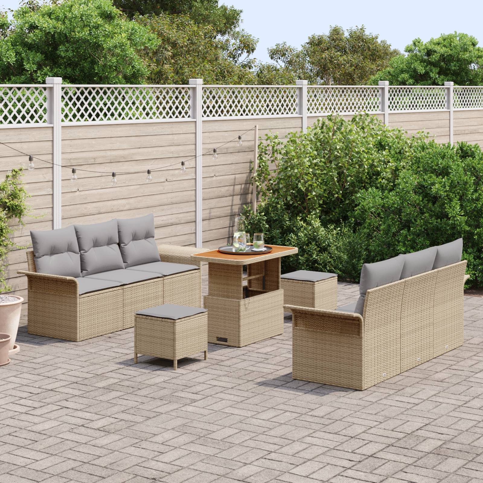 vidaXL 9-teiliges Garten Sofa Set mit Kissen Beige Poly Rattan Akazie
