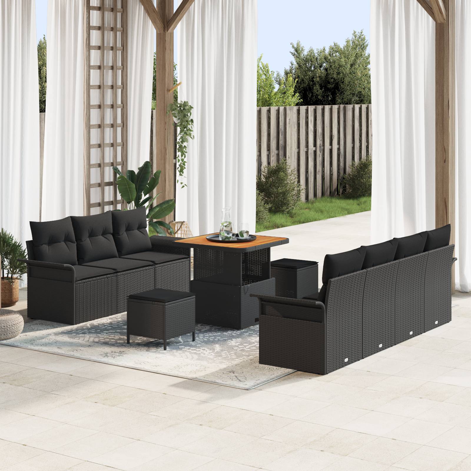 vidaXL 10-teiliges Garten-Sofa-Set mit Kissen Schwarz Poly-Rattan Akazie