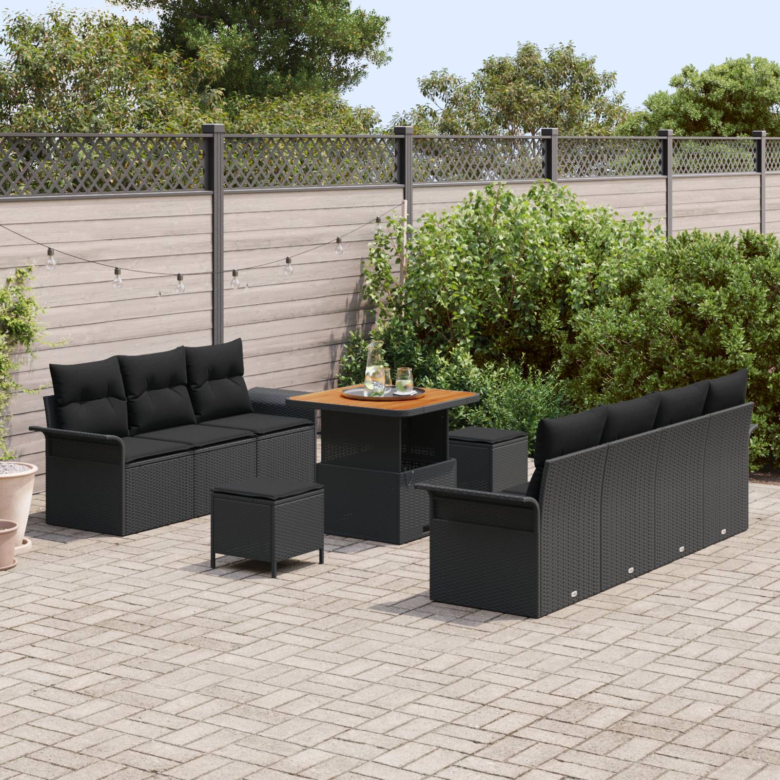 vidaXL 10-teiliges Garten-Sofa-Set mit Kissen Schwarz Poly-Rattan Akazie