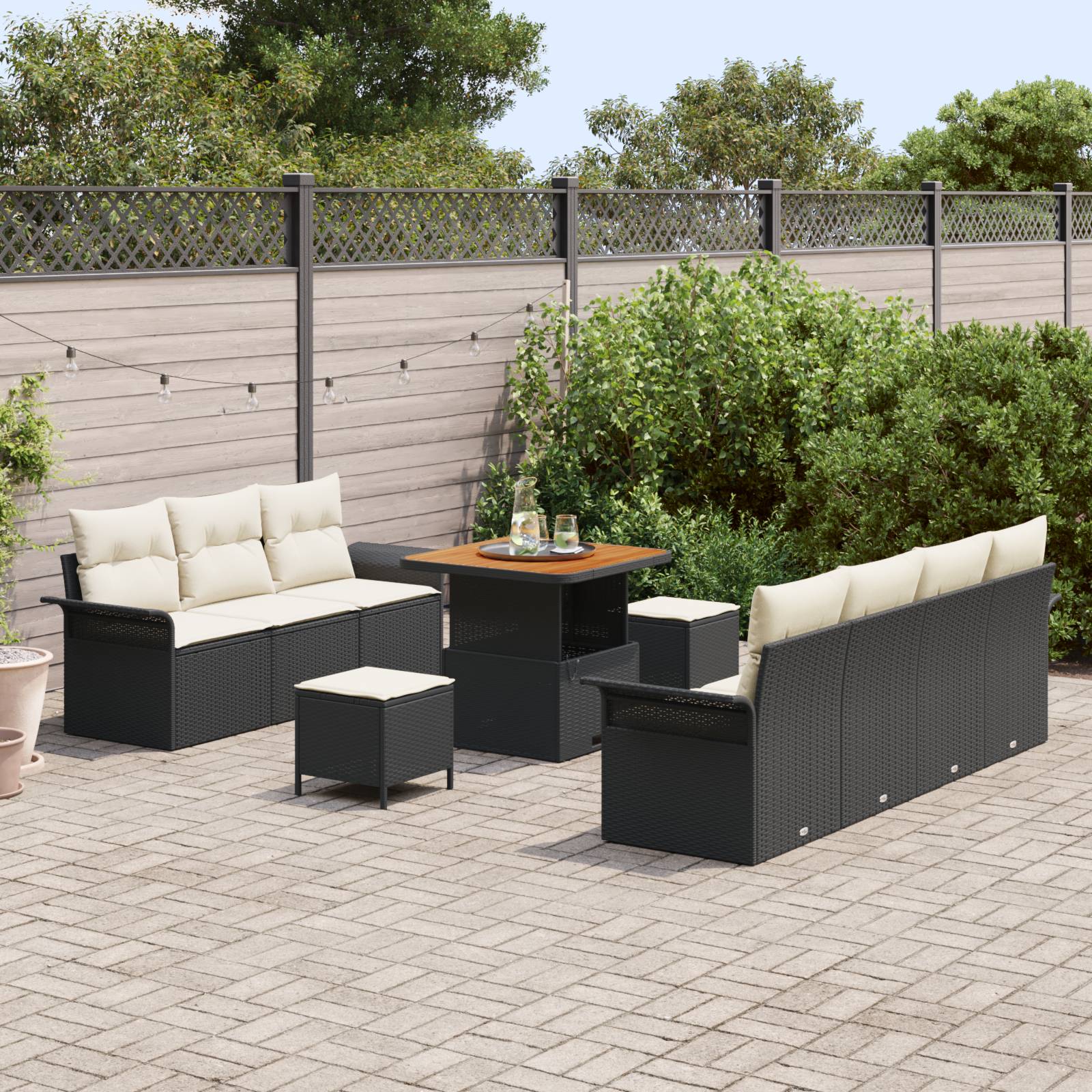 vidaXL 10-teiliges Garten Sofa Set mit Kissen Schwarz Poly Rattan Akazie