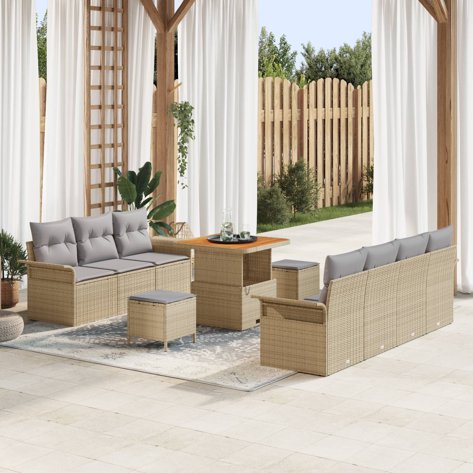 vidaXL 10-teiliges Gartensofa Set mit Kissen Beige Poly Rattan Akazie