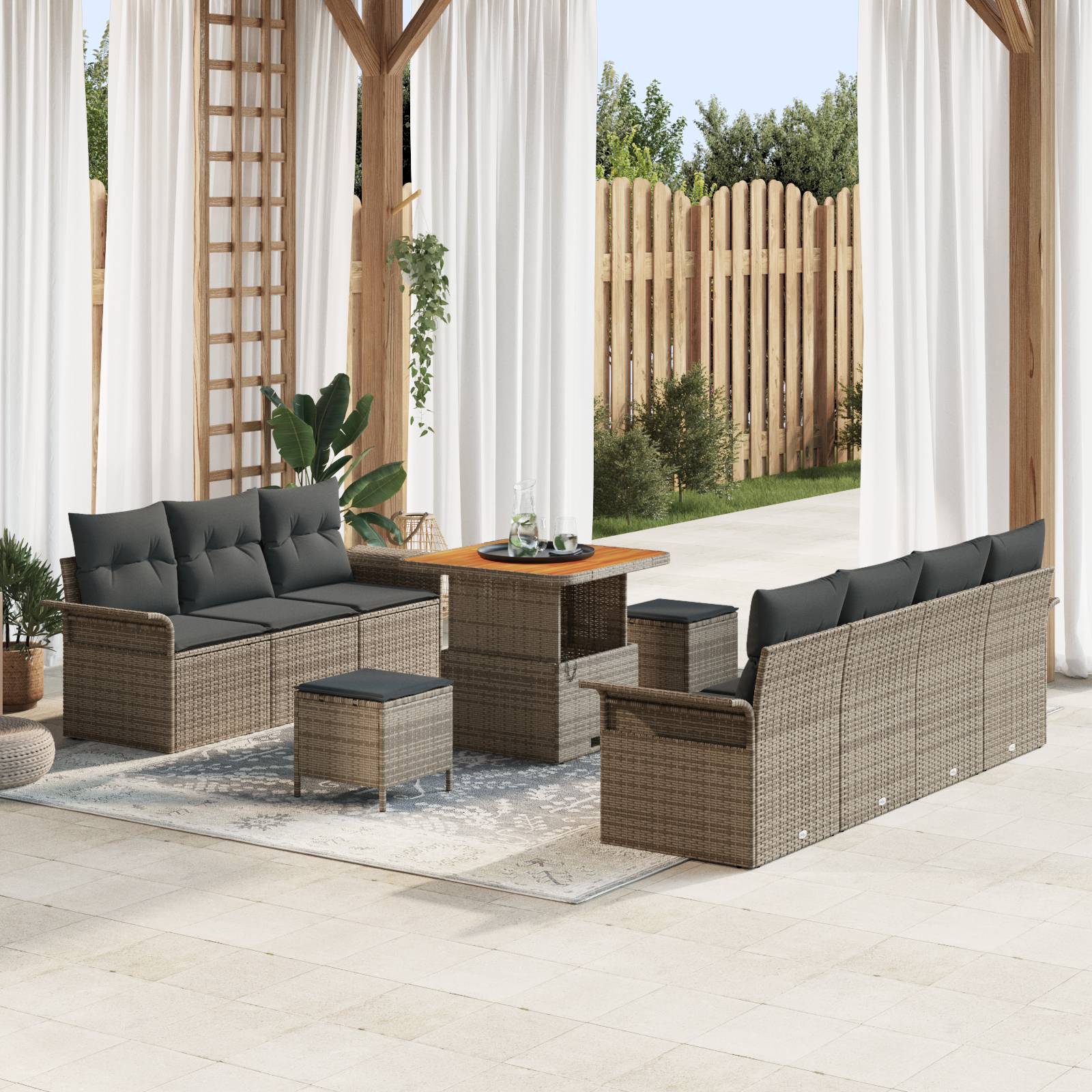 vidaXL 10-teiliges Garten-Sofa-Set mit Kissen Grau Poly-Rattan Akazie