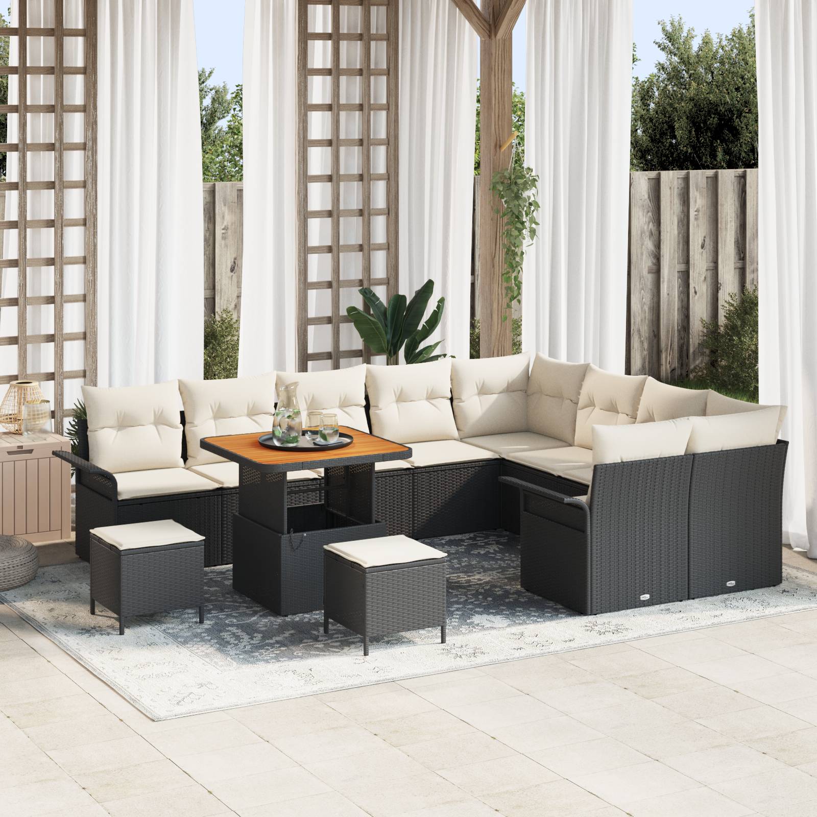 vidaXL 12-teiliges Garten Sofa Set mit Kissen Schwarz Poly Rattan Akazie