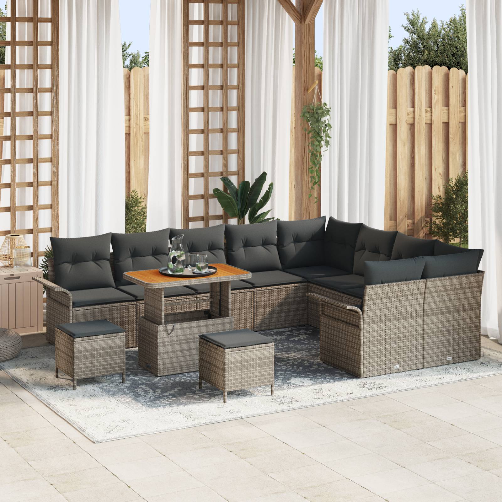 vidaXL 12-teiliges Garten-Sofa-Set mit Kissen Grau Poly Rattan Akazie