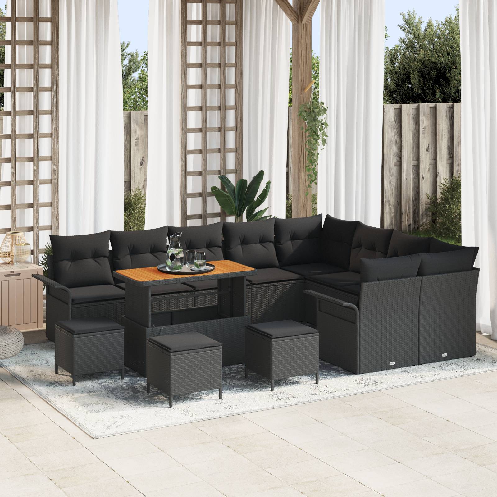 vidaXL 13-teiliges Garten Sofa Set mit Kissen schwarzes Poly-Rattan Akazie