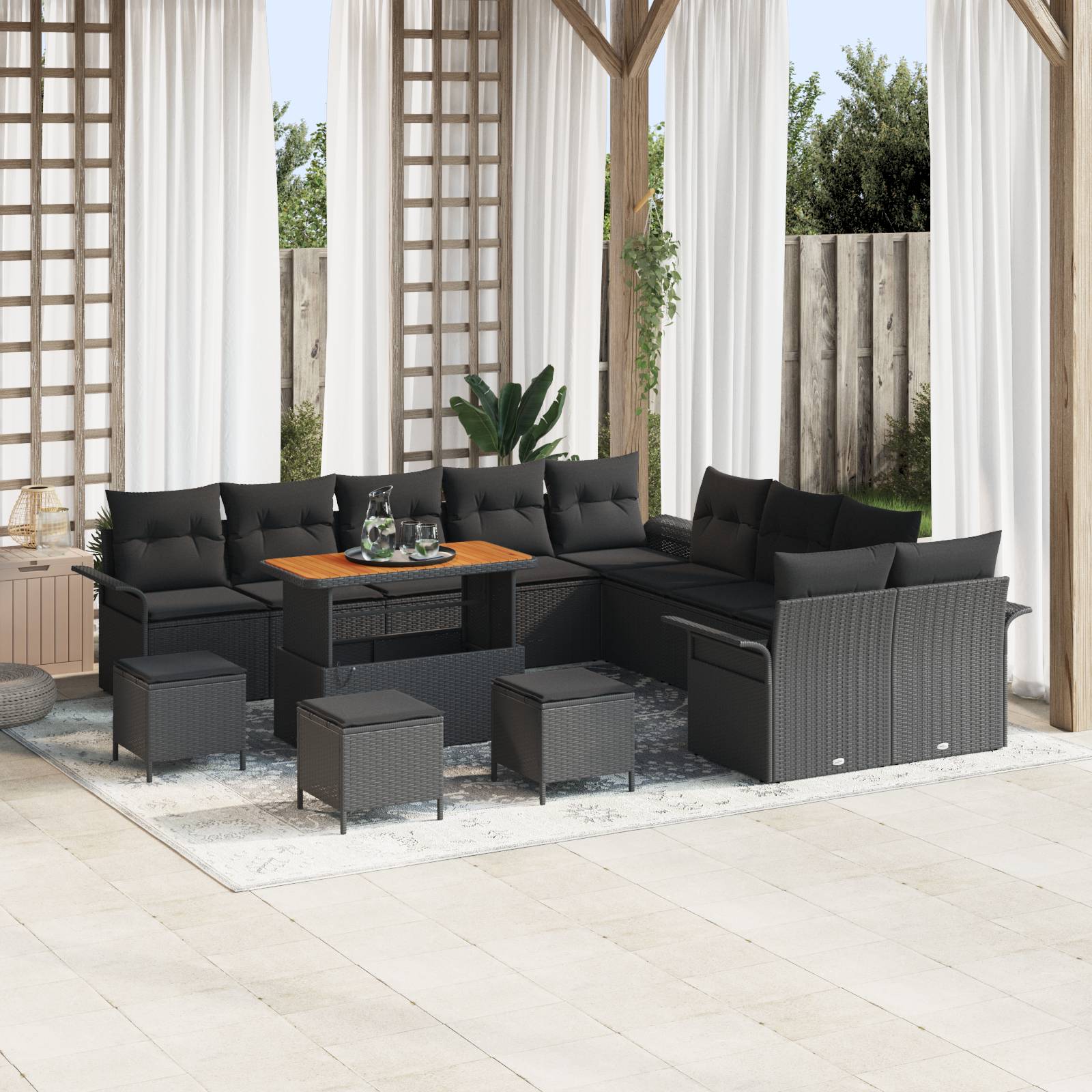 vidaXL 14-tlg. Garten-Sofagarnitur mit Kissen Schwarz Poly Rattan