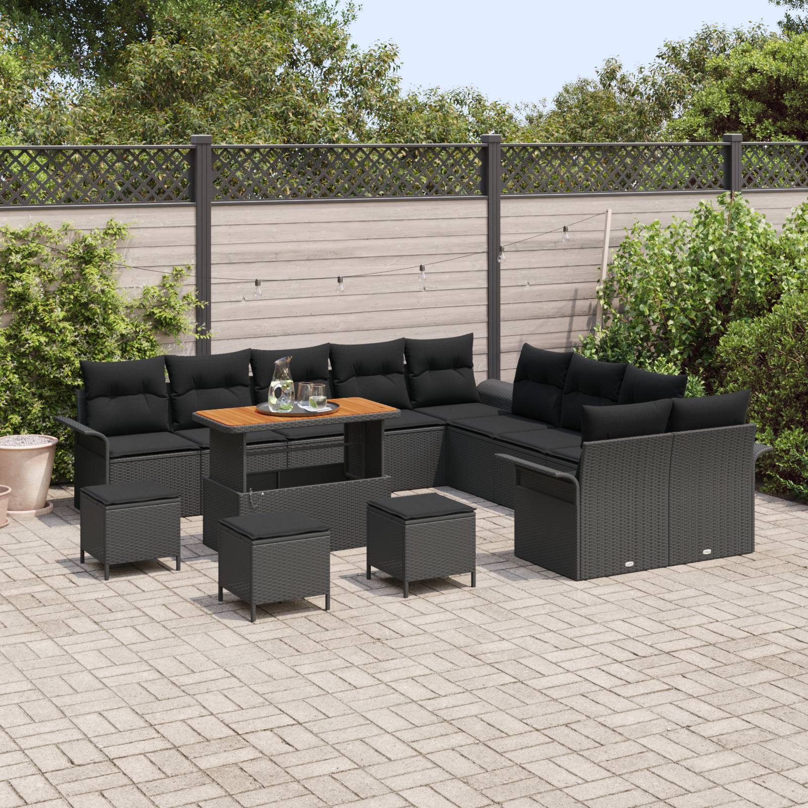 vidaXL 14-tlg. Garten-Sofagarnitur mit Kissen Schwarz Poly Rattan