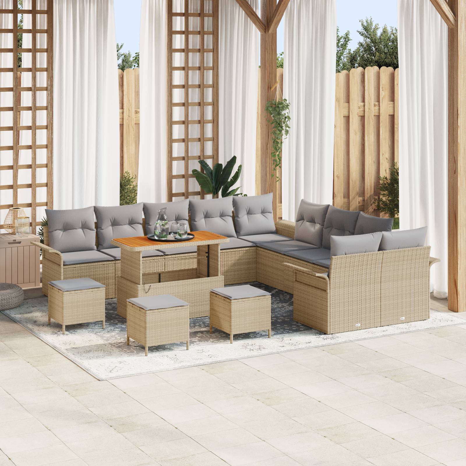 vidaXL 14-tlg. Garten-Sofagarnitur mit Kissen Beige Poly Rattan Akazie