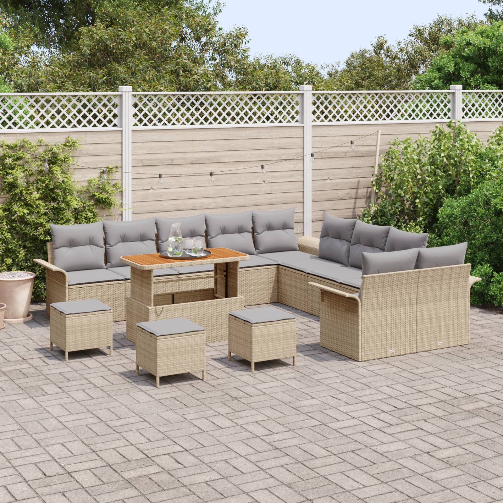 vidaXL 14-tlg. Garten-Sofagarnitur mit Kissen Beige Poly Rattan Akazie