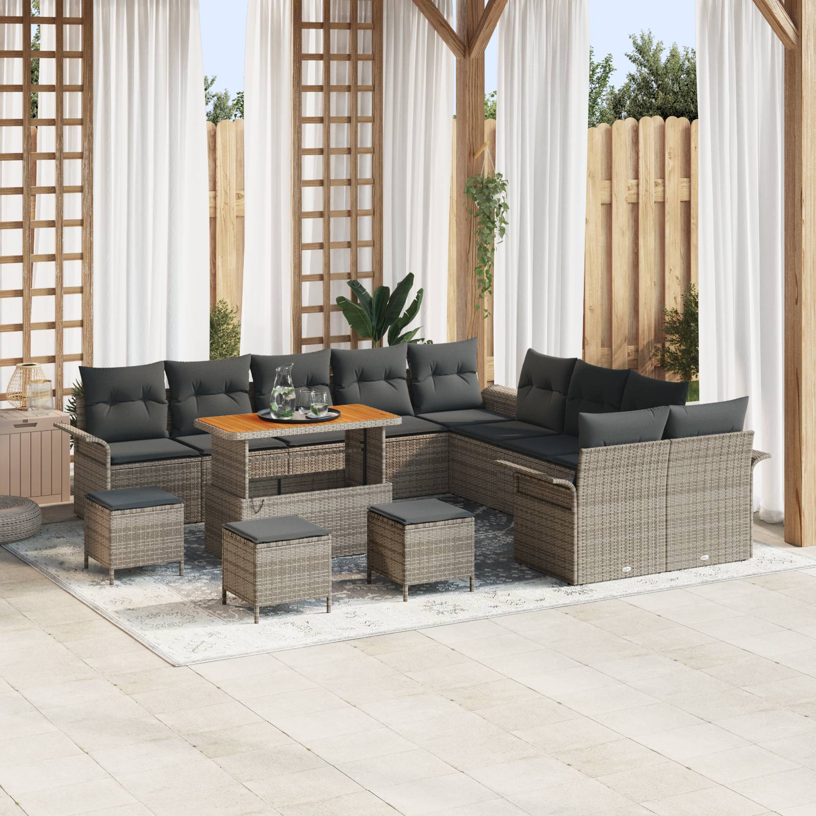 vidaXL 14-teiliges Garten Sofa Set mit Kissen Grau Poly Rattan Akazie